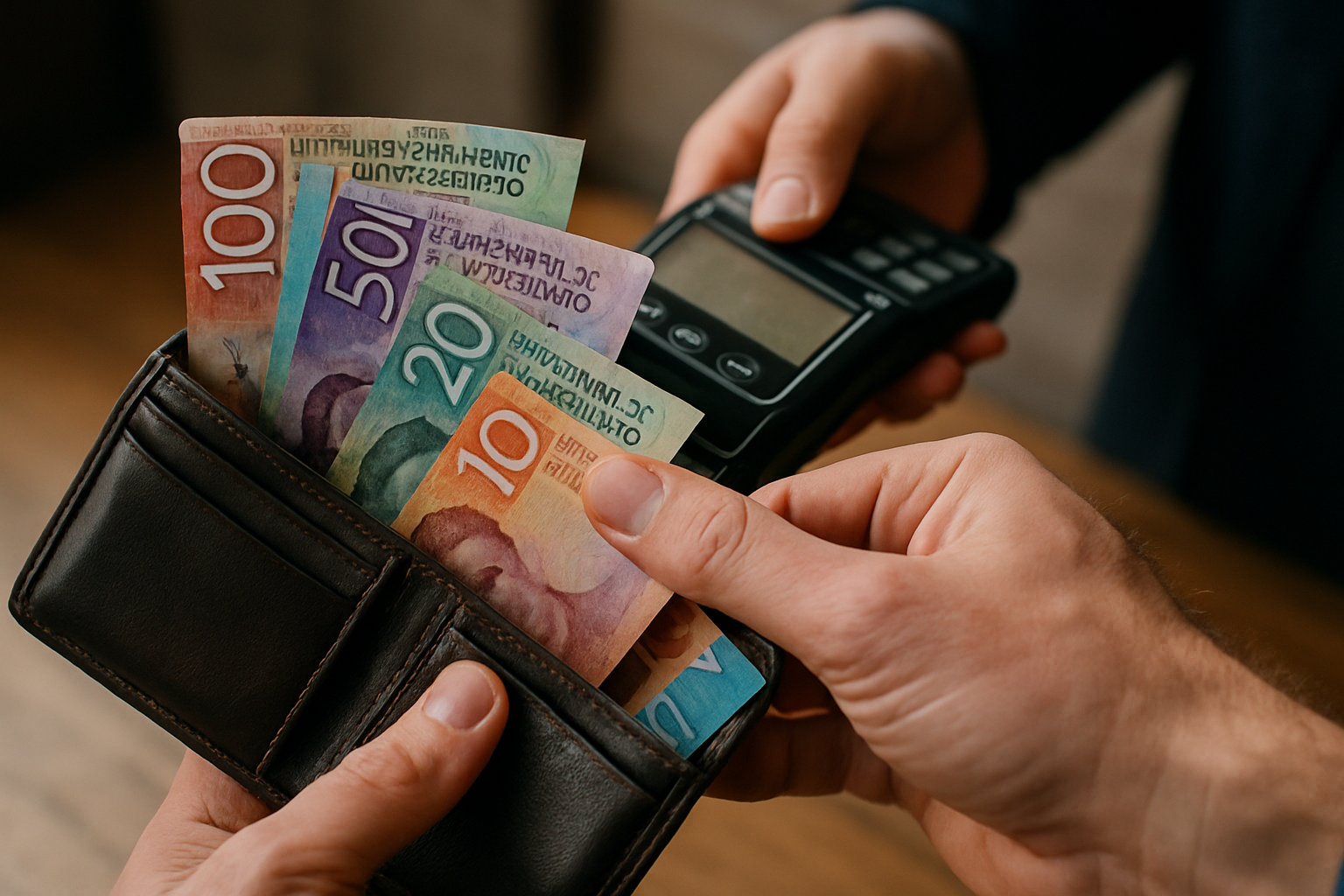 photographic paying with wallet full of nz cash